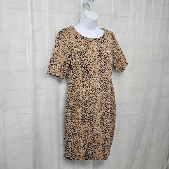 Lands" End Tan Black Animal Print Jersey Fit & Flare Dress Office Preppy 10 - Picture 6 of 15